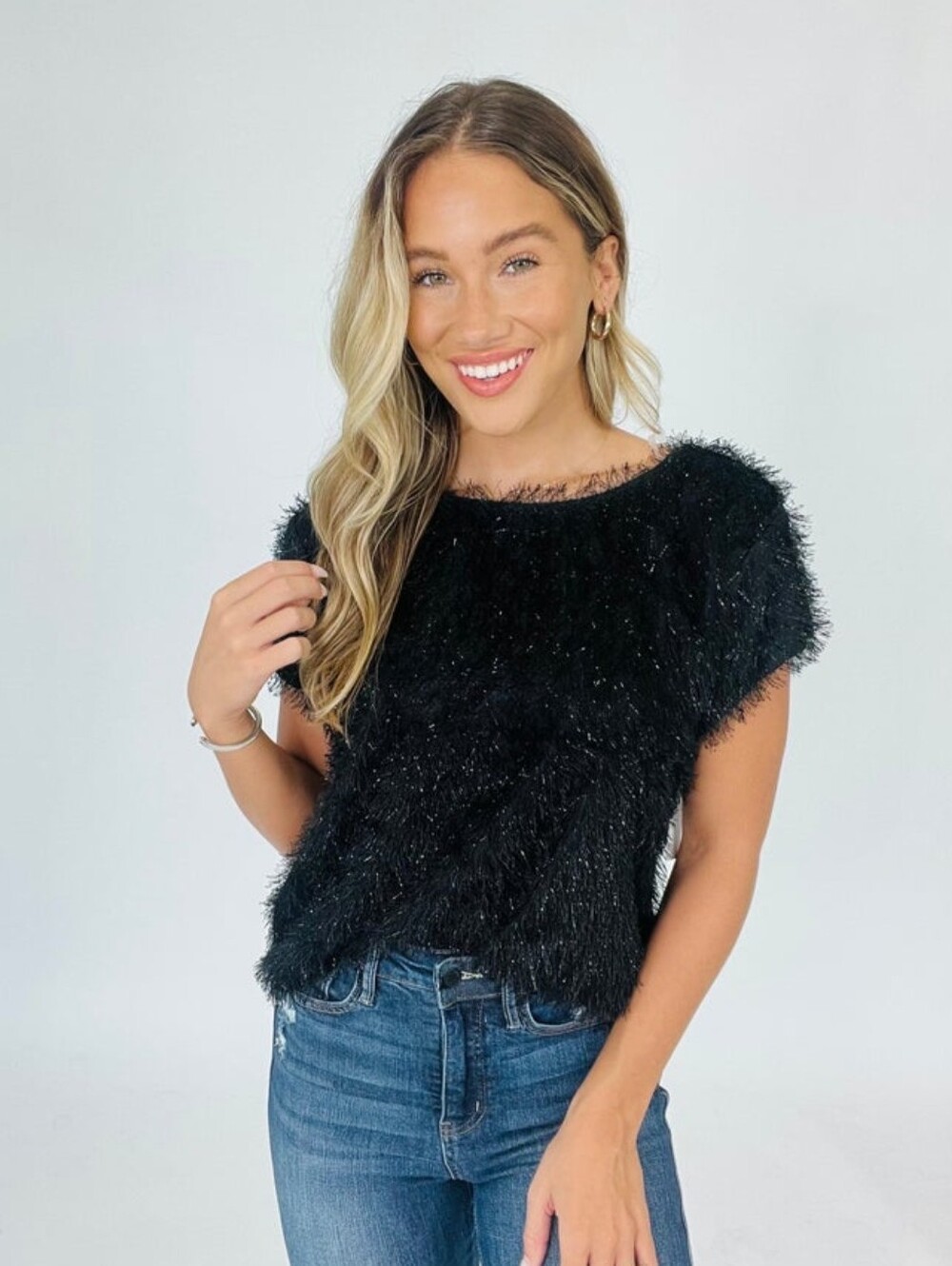 NWT: Kori Black Metallic Eyelash Fuzzy Shimmer Top-  Large